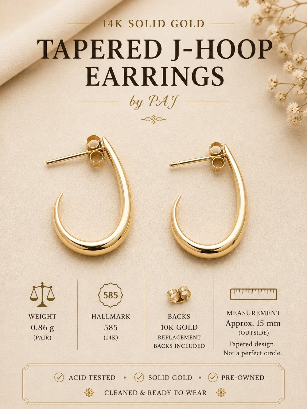 14K Solid Gold Tapered J-Hoop Earrings - 0.86g & 0.08g 10K Backs